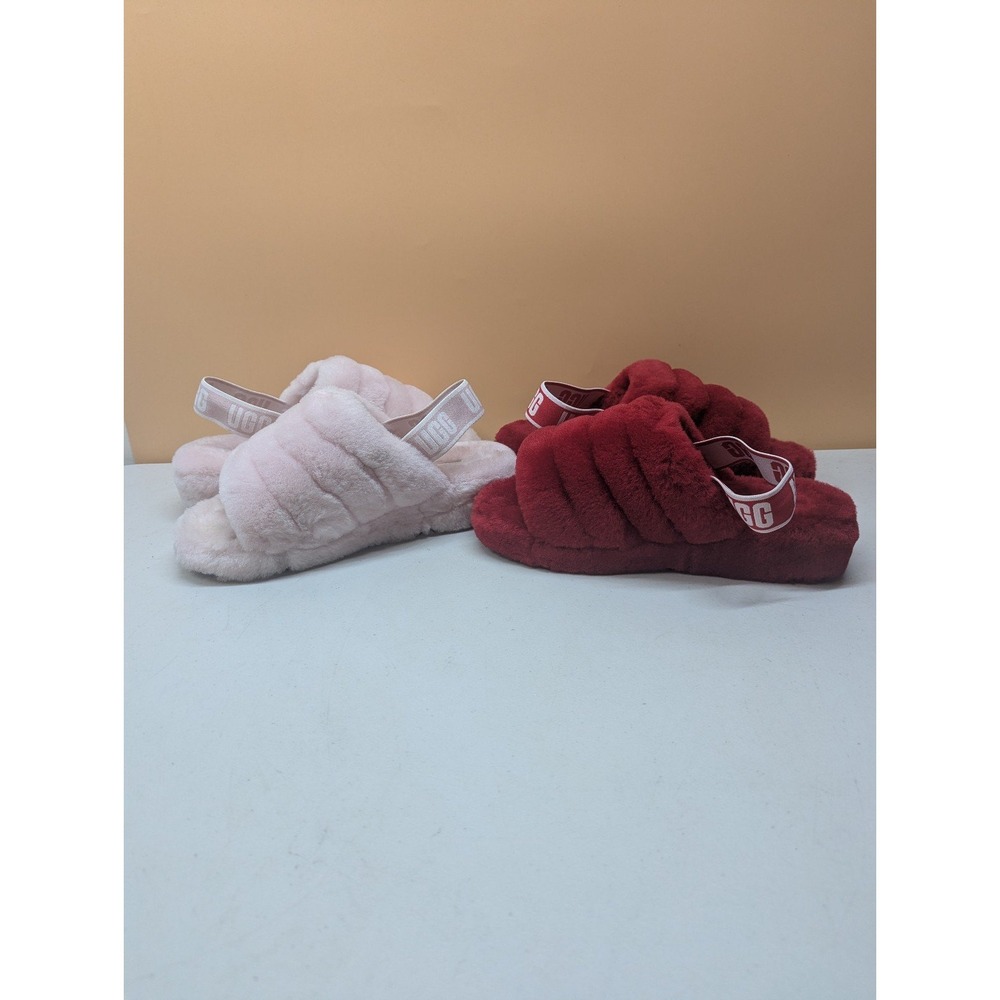 2 Pairs UGG Fluff Yeah Slides Pink SLPN & Red Ribbon RBRD 1095119 Slippers sze 8 - Picture 4 of 12